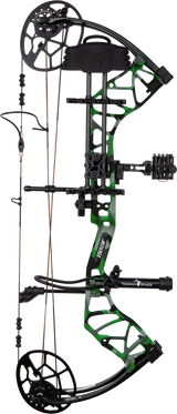 Side profile of the Bear Archery Legit MAXX compound bow showing dual cam system and compact riser in color Fred Bear Electric.
