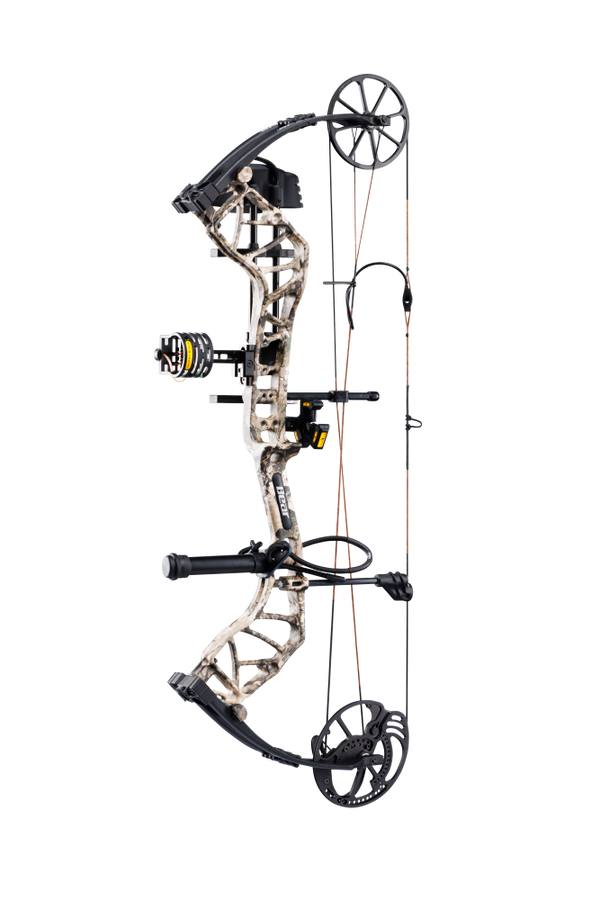 Side view of the Bear Species XT RTH single cam compound bow in color Veil Whitetail highlighting its single cam drawing system.