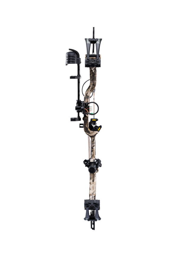 Front view of the Bear Species XT RTH single cam compound bow with a 30” axel-to-axel and a sleek modern finish in color Black.