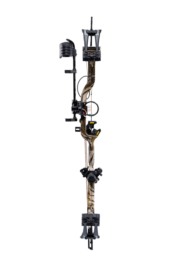 The Bear Species XT single cam compound bow includes IMS® V-Biscuit rest, Picatinny-mounted 4 pin sight, 5 arrow quiver, stabilizer, peep sight, and wrist sling.